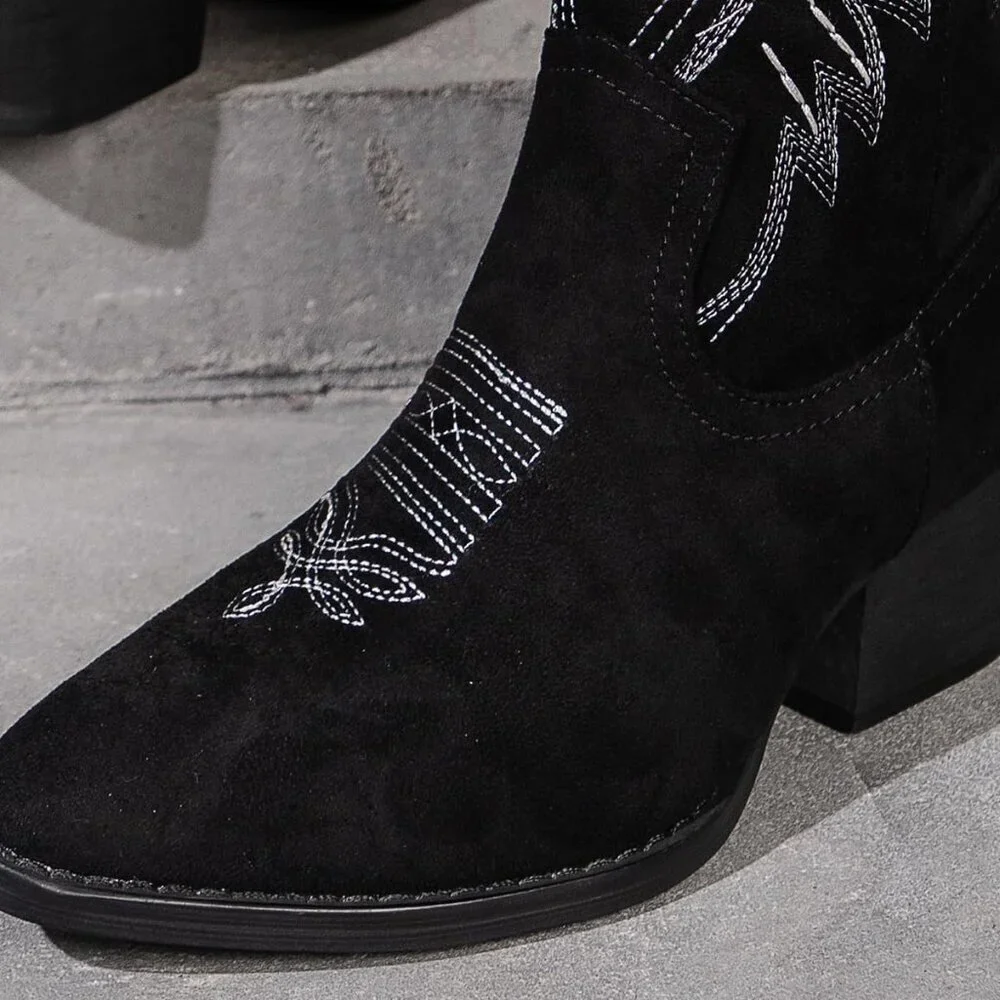Womens Black Western Cowboy Boots Embroidered Ankle Booties Block Heel Zips